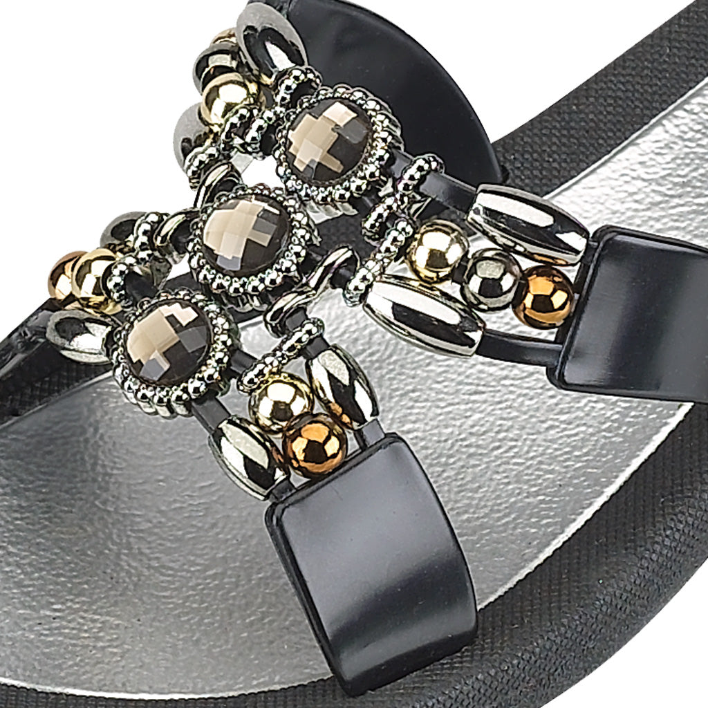 Grandco Sandals Lady Q 25764E - Black Sole Jeweled Sandals for Women - Close up of Sandal Straps