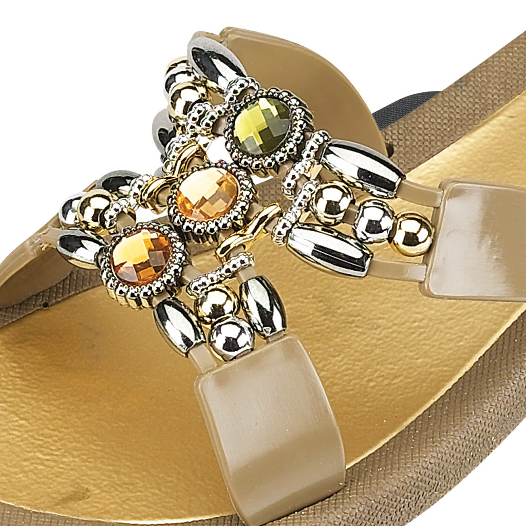 Grandco Sandals Lady Q 25764E - Taupe Sole Jeweled Sandals for Women. Close Up of Jeweled Sandal Strap